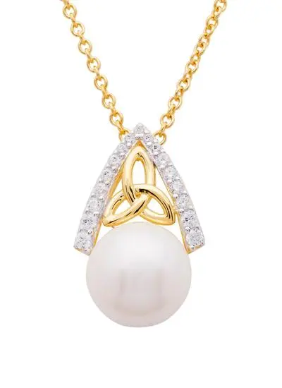 White background cut out shot of 14Ct Gold Vermeil Trinity Knot Pearl Pendant with White Cubic Zirconia